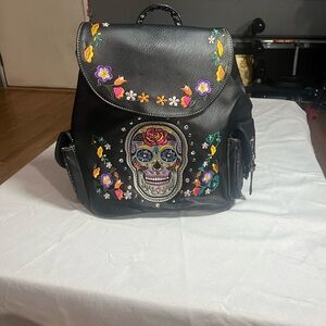 Floral Embroidered Black Backpack with Skull Motif NWOT